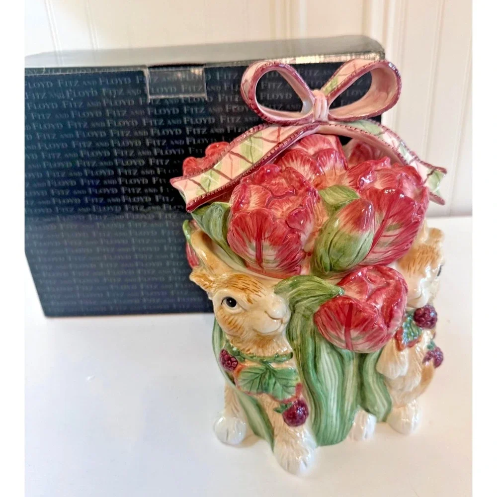 Vintage Fitz And Floyd Blackberry Rabbit Cookie Jar With Lid Easter Bunny‎ Box